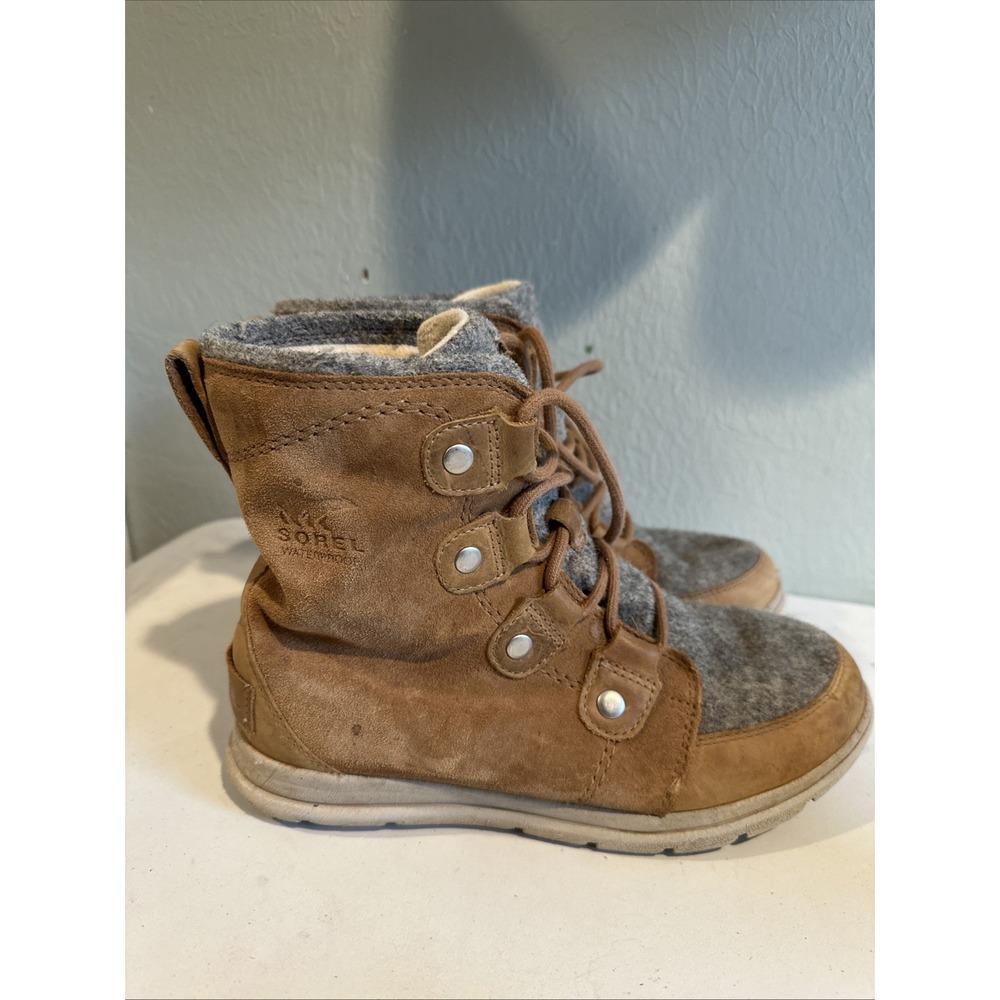 SOREL Explorer Joan Boot Waterproof Leather Laced Winter Tan Gray Wool, W Sz 7.5